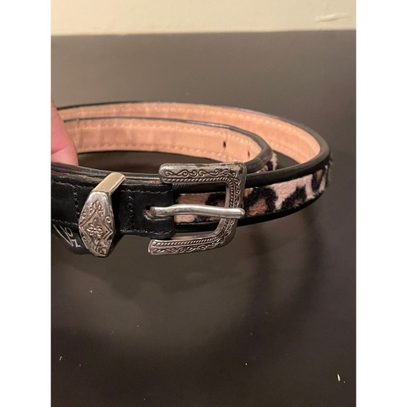 BRIGHTON LEATHER FAUX CHEETAH FUR SILVER BUCKLE BELT - Picture 1 of 6